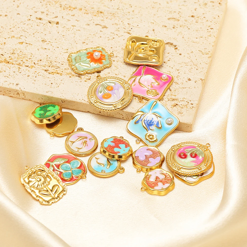 4Pcs Stainless Steel Enamel Flowers Pearl Pendants Geometric Charms for DIY Exquisite Jewelry Making Necklace Earrings Supplies - view 5