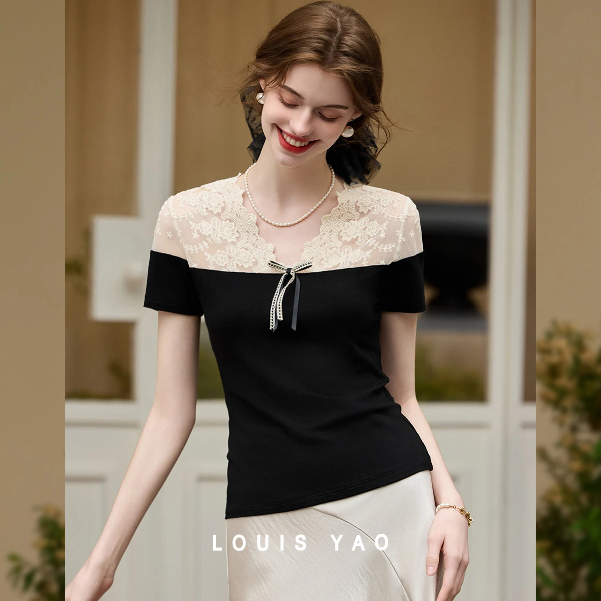 LOUIS YAO Elegant Lace Short Sleeve Shirt 2026 Summer Fashion Slight Stretch V-Neck Knit & Woven Spliced Bow Women's T-shirt