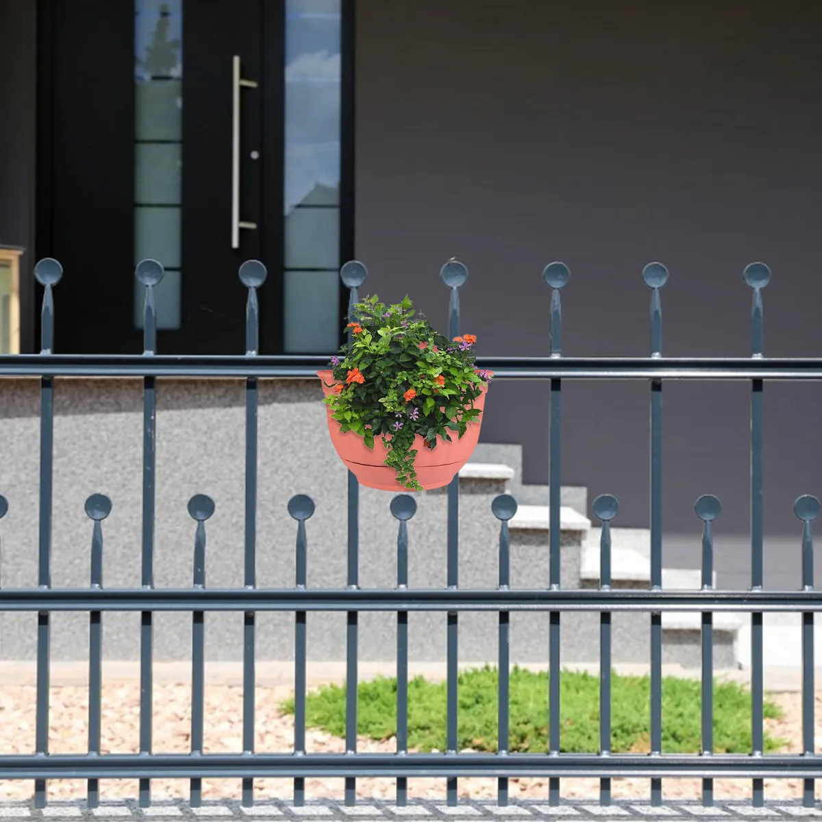 Wall Mounted Semi-Circular Flower Pot Imitation Hanging Planter with Hook and Drainage Tray for Balcony Garden
