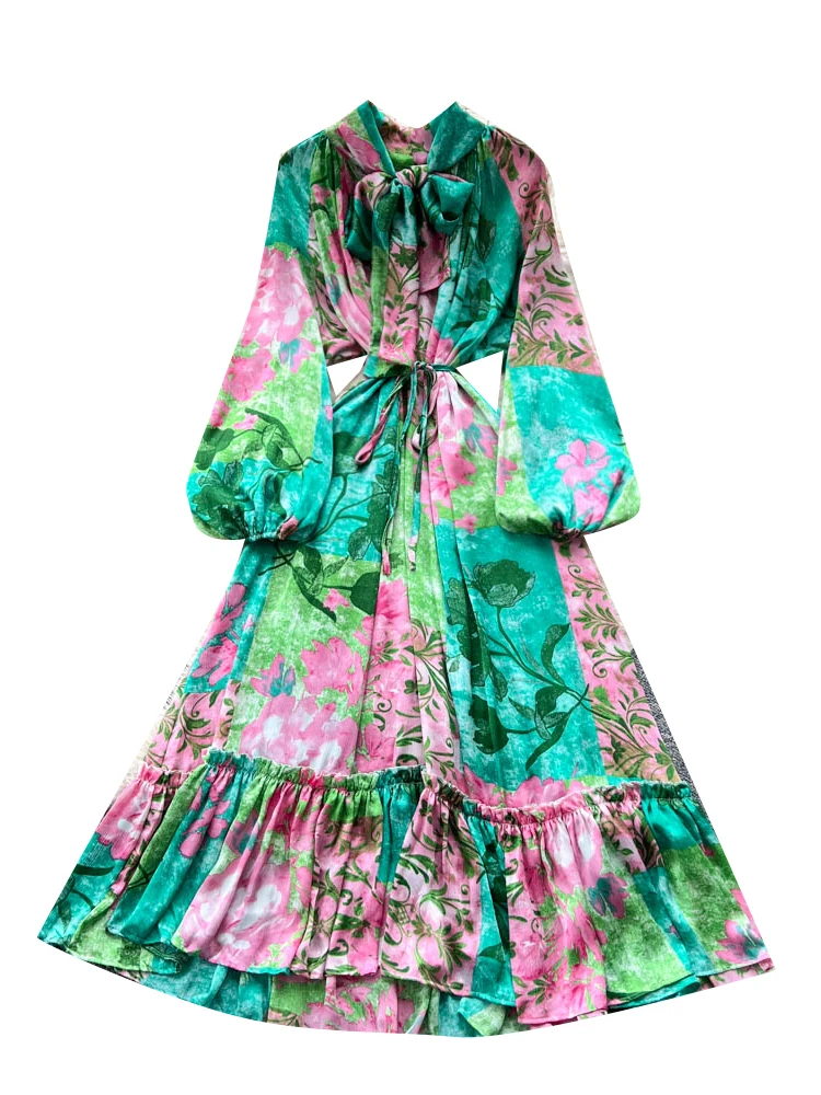 Damski letni sukienka z kwiatowym nadrukiem, bufiaste rękawy, podkreślona talia, siateczkowy design, luksusowa długa sukienka w kształcie litery A, koreański styl.