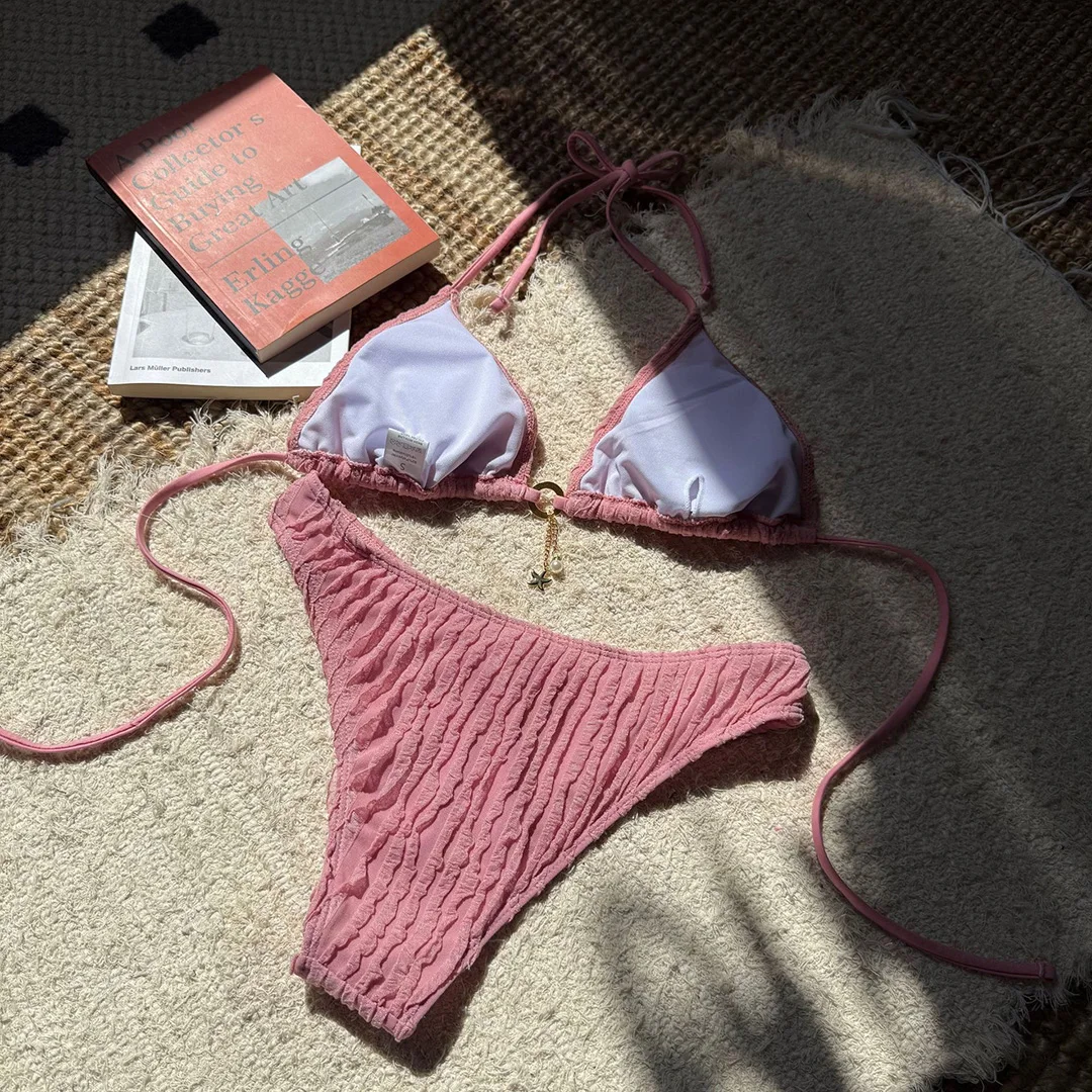 Gefalteter Neckholder-Bikini, Damen-Badeanzug, zweiteiliges Bikini-Set, brasilianischer Badeanzug mit hohem Beinausschnitt, Badebekleidung, Modell V6209S. – Detail 40