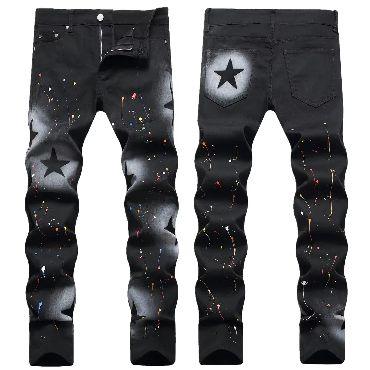 chareiharper plus size 1315 Men's jeans hand painted gun spray five-pointed star color paint stretch black small straight leg