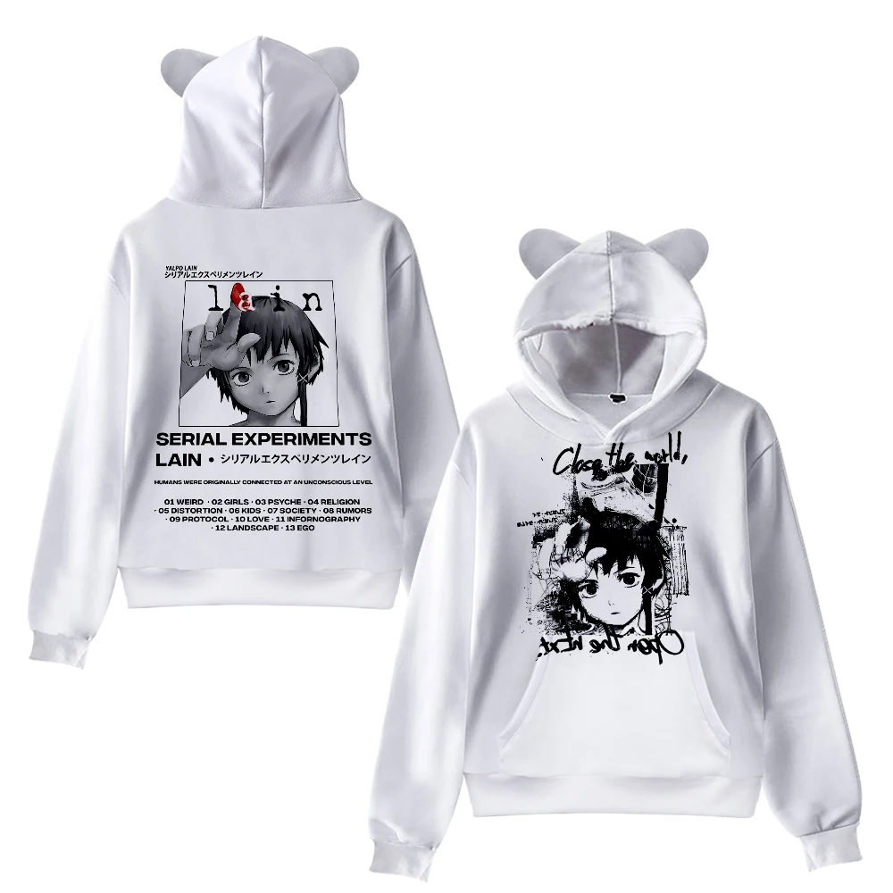 Serial Experiments Lain Anime Cat Ear Hoodie Women Men Long Sleeve Sweatshirt Casual Cute Pullover Clothes