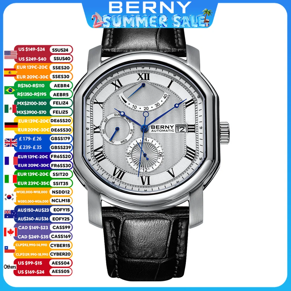 BERNY Men Mechanical Watch Top Accuracy Move Automatic Wristwatch Luxury Male Clock Sapphire Self-Winding Men\'s Watch Waterproof