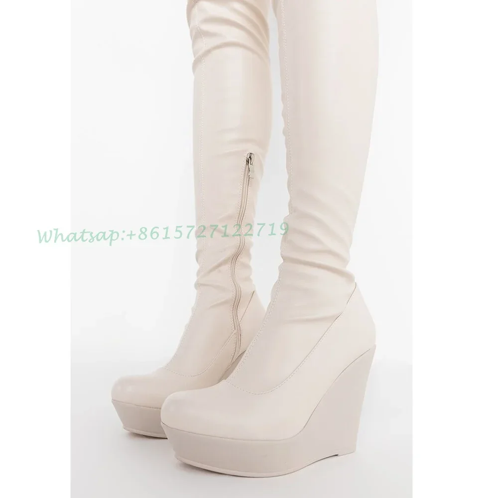 Platform Wedge Over Knee High Boots Chic Round Toe White Leather Stretch Long Boots Thin Heels Fashion Women 2022 Spring Boots