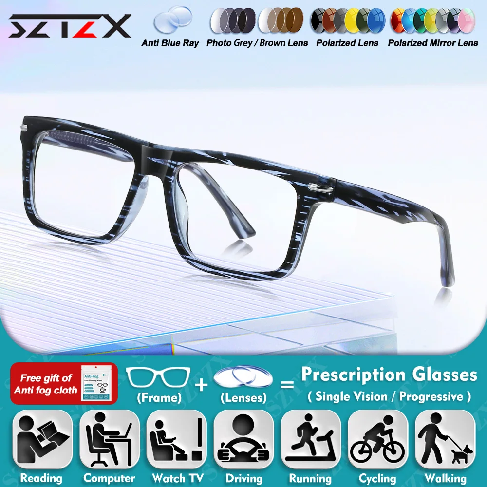 

SZTZX Simple Currents Rectangle Frame Progressive Prescription Glasses Men Oversize Frame Anti Blue Ray Myopia Computer Eyeware