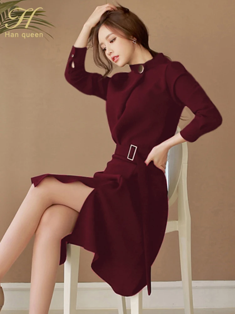 H Han Queen Hot Sales Spring Dresses Korean Retro Professional Wear Vestidos Elegant Fashion Slim Midi Party Casual Dress Women