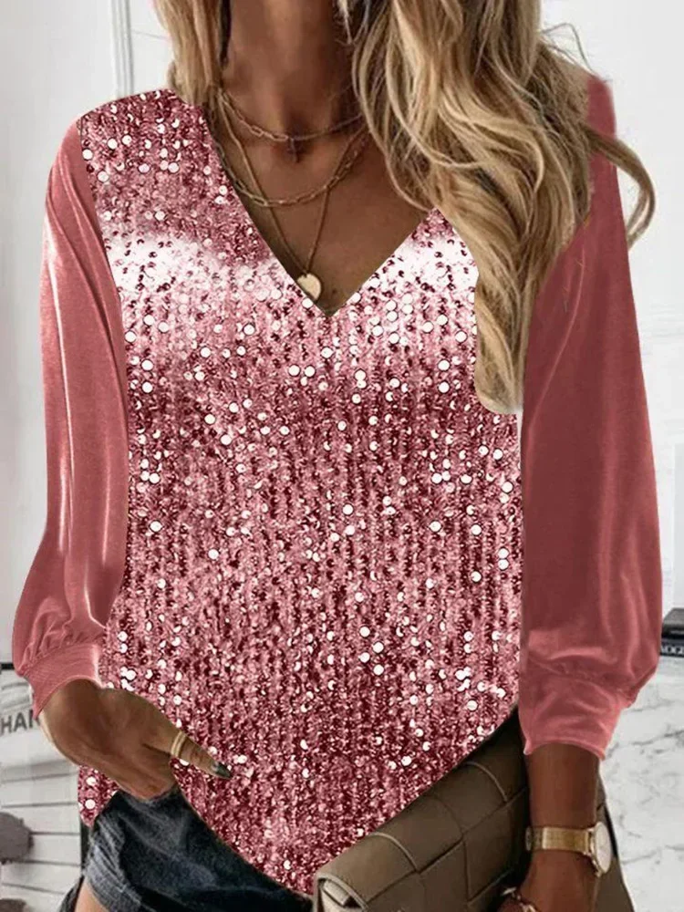 

Women Sequins Blouse V Neck shirts 2023 Lady Spring Long sleeve Tops Pullovers Female Casual O neck Tshirts plus size S-3XL