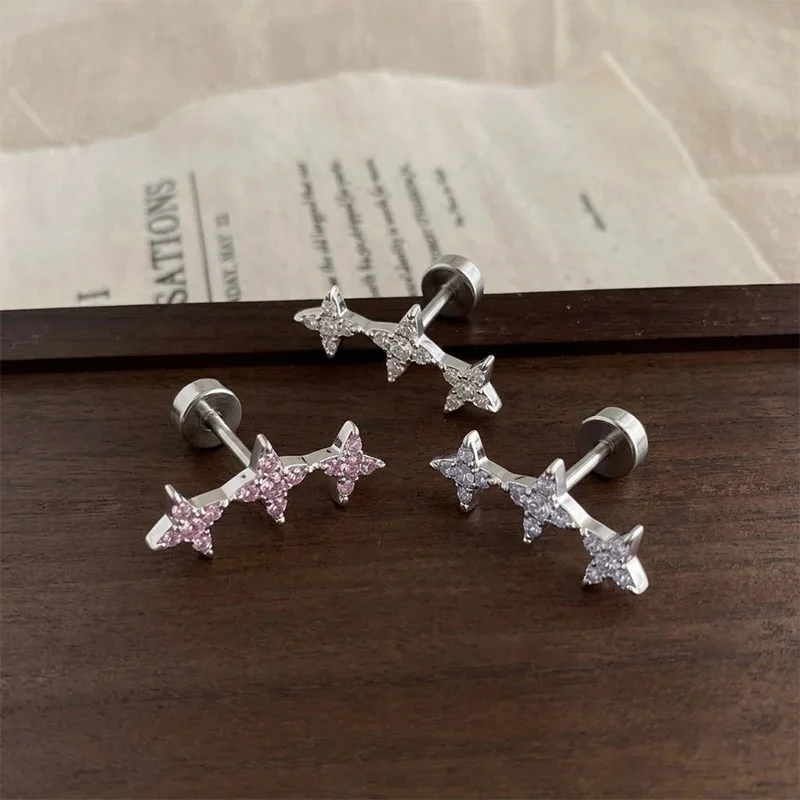 Titanium Earring Beautiful Triple Star Design Geometric Shape Glossy Stud Women Adult Sophisticated Trendy Artistic Radiant Gem