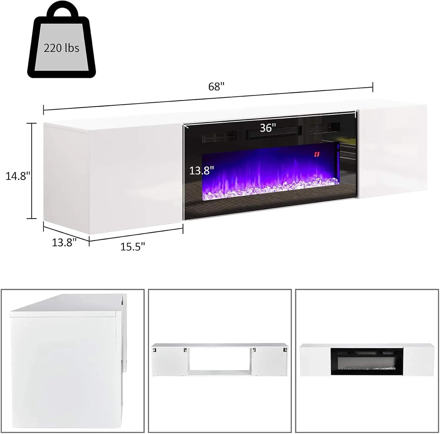 AMERLIFE Floating TV Stand with 36" Electric Fireplace, High Gloss Finish Wall Mounted Fireplace Entertainment Center with Stora