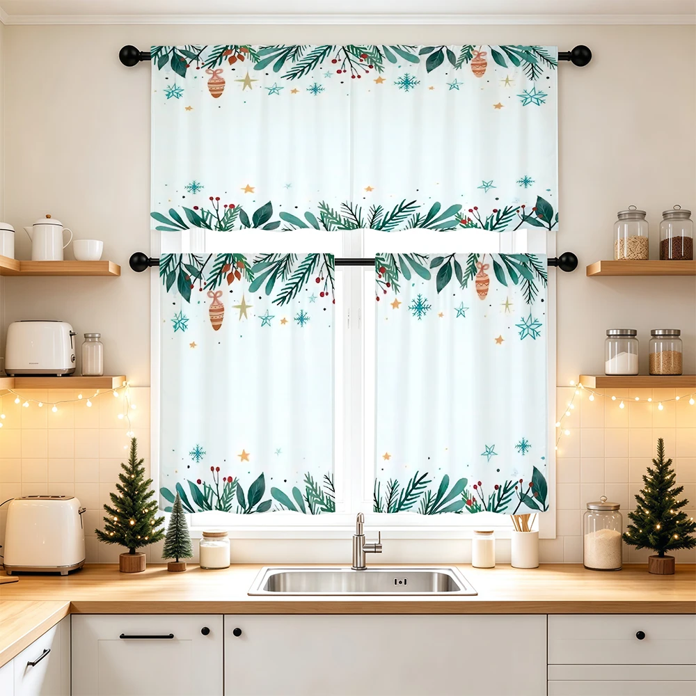 Christmas Kitchen Curtains, Teal Foliage Snowflake, Digital Print, Kitchen Dining Room, Rod Pocket Polyester, Home Decor