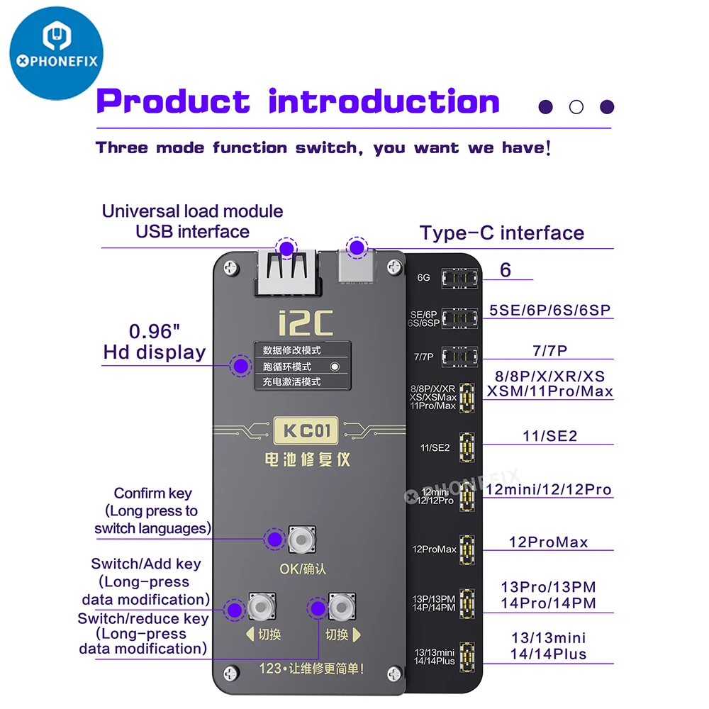 i2C KC01Battery Repair Programmer for iPhone X-15 Pro Max Battery Error Health Warnning Cycle Modify Battery Data Read&Write Box