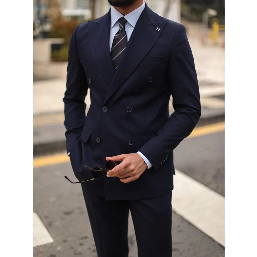 

Dark Blue Suits for Men Two Piece (Jacket+Pants) Fashion Peak Lapel Double Breasted Male Suit Slim Business Casual Clothing