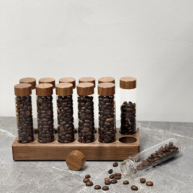 Coffee Beans Storage Tube Single Dose Glass 17g 22g Walnut Based Container With Funnel Espresso Accessories Goods Barista Tools