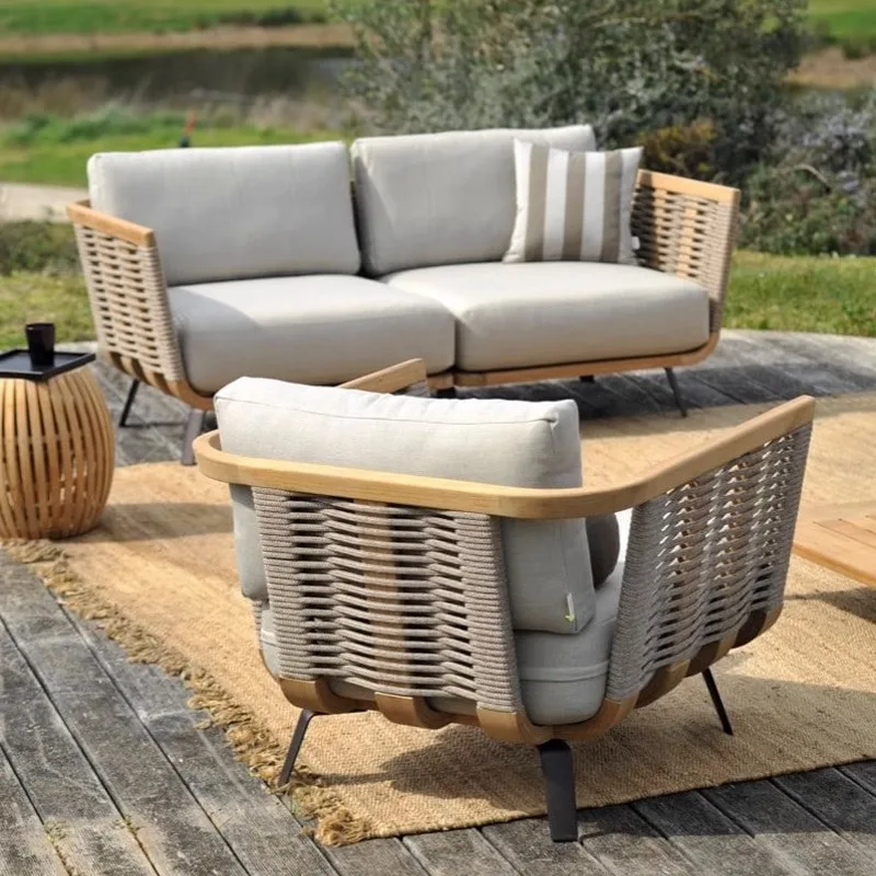 Sofa Set Outdoor Rattan Teak Sofa Combination Courtyard Balcony Villa Garden Waterproof And Sun Protection Outer Pendulum Solid