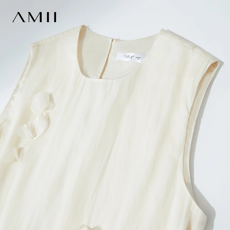 Amii 여성 드레스 미니멀리스트 솔리드 컬러 멀베리 실크 코튼 블렌드 민소매 3차원 스터드 플라워 드레스 12542104