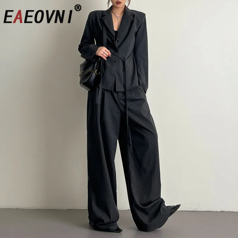 

EAEOVNI Striped Fashion Women Two Piece Set V Neck Lace-up Button Blazer Coat + Long Pants Office Lady 2025 New Clothing