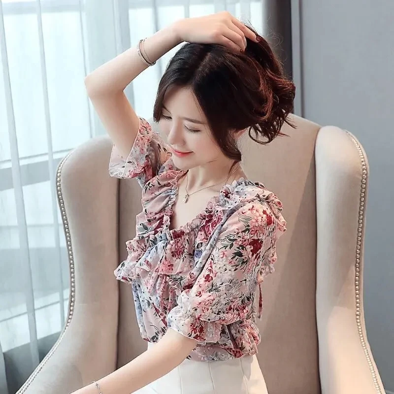 2024 Women\'s New Summer Short Sleeve Ruffled Floral Blouses Female V-neck Pullover Shirts Ladies Loose Chiffon Shirt Tops