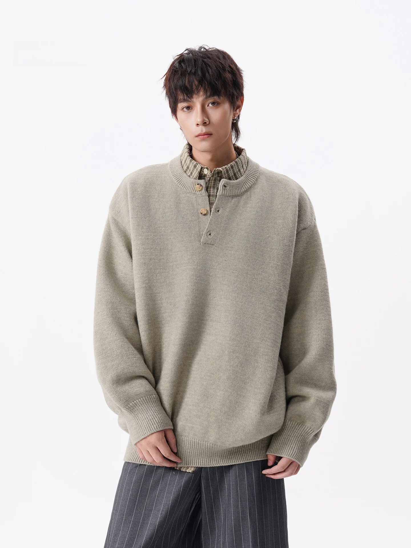 

Thiened Henry Collar Knitted Sweater Men's Casual Loose Sle Autumn Winter Faion Comfortable Soft Polyester Fiber Top