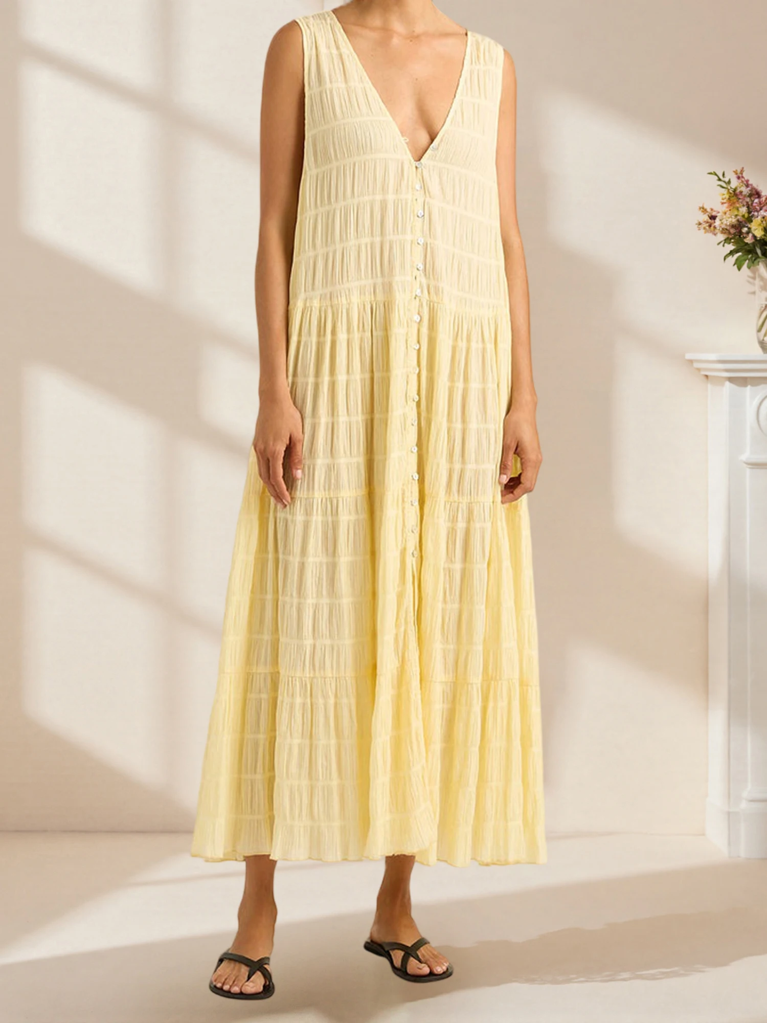 Elegantes Maxikleid für Damen, stilvolles, ärmelloses, fließendes Boho-Kleid mit Blumendruck und Rüschen, perfekt für Sommer-Strandpartys oder Date