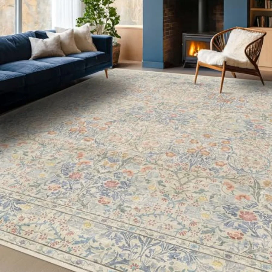 

Vintage Washable Beige Blue 10x14 Rug for Living Room Extra Large Area Rug for Dining Room Under Table Bedroom Botanical Floral