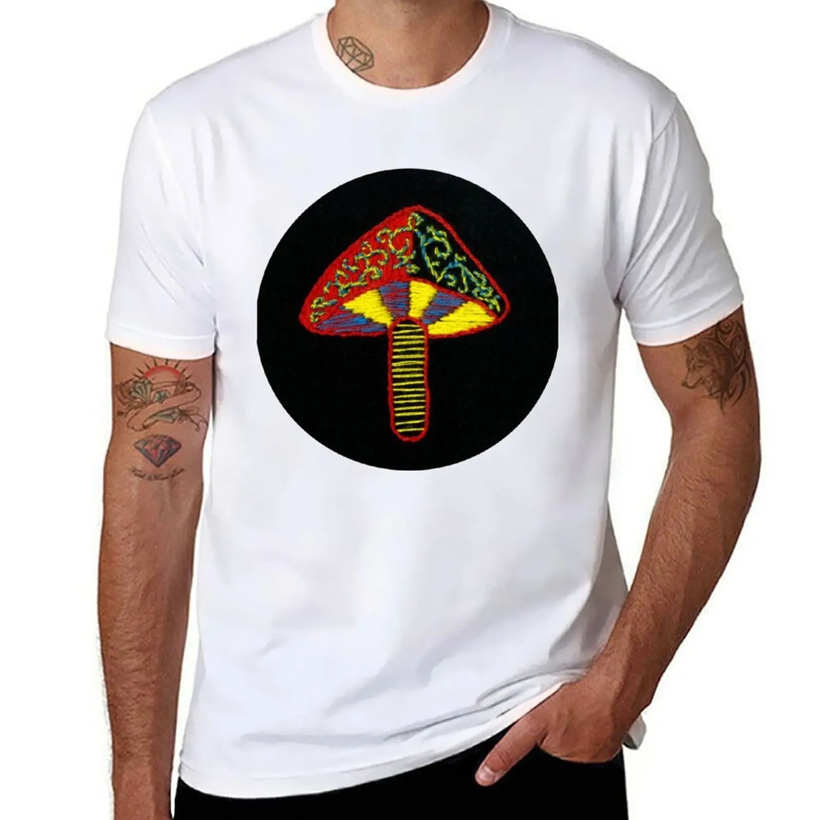 

Primary Colors Patterned Mushroom Embroidery T-Shirt man t shirt luxury funny t shirts man T-Shirt