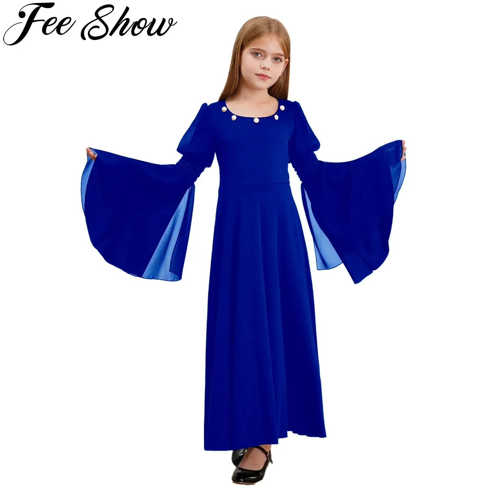 Kids Girls Medieval Renaissance Dress Long Bell Sleeves Vintage Princess Gown Halloween Carnival Party Cosplay Dress Up Costumes