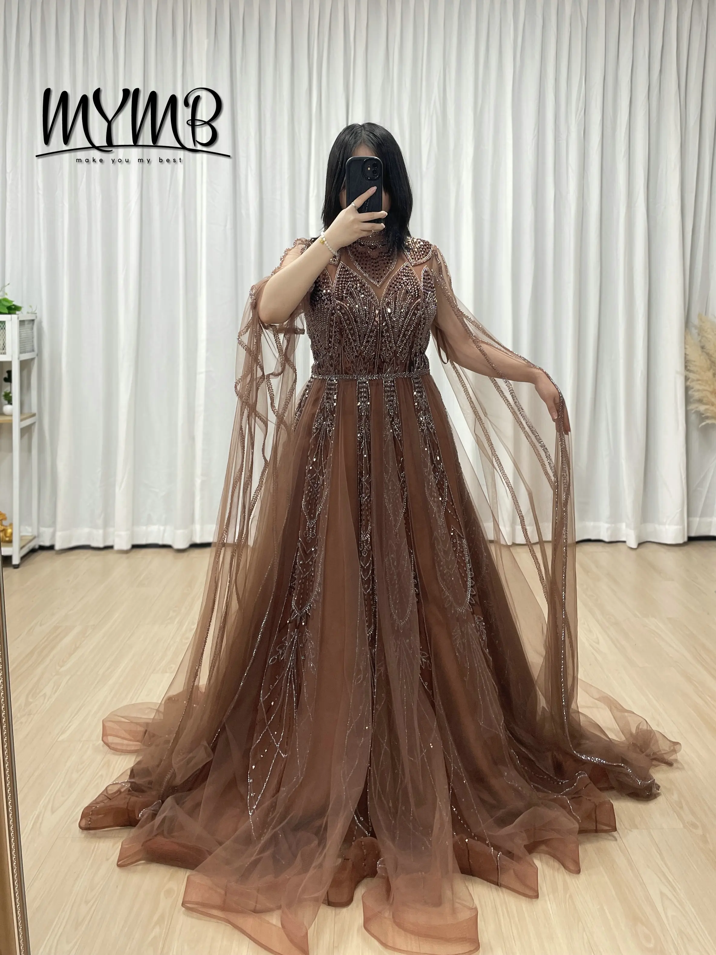 

MYMB Скромные коричневые вечерние платья трапециевидной формы с бисером для женщин, накидка с высоким воротником и длинными рукавами, вечерние платья для свадебной вечеринки MY30198