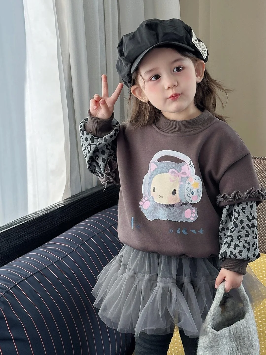 Girls Winter Thiened Warm Cartoon Sweatirt Fake Two-Piece Casual Faionable Children's Clothing Princ Sle Long Sve