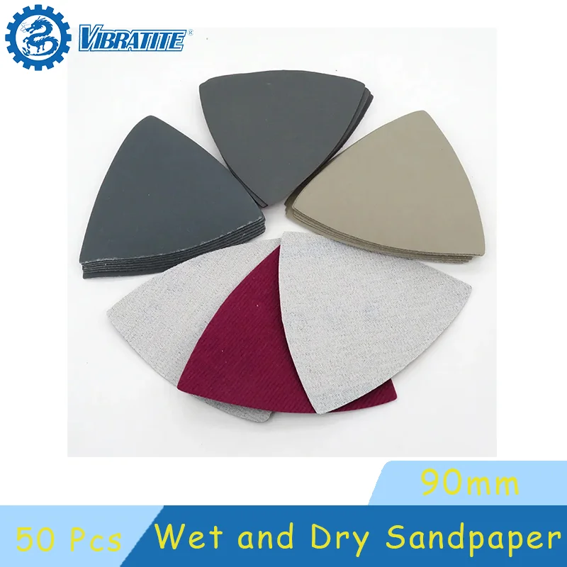 Disco de lijado triangular de 90mm, 50 Uds., papel de lija seco y húmedo de carburo de silicio con gancho y bucle para herramientas de lijadora oscilante de detalle, grano 60-10000