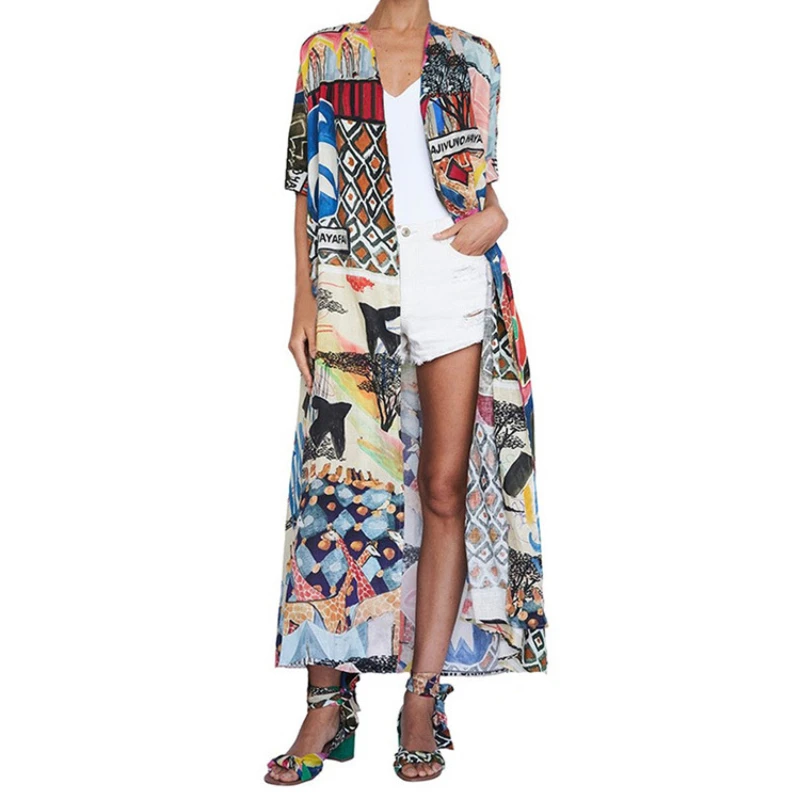 Cover Ups Dames Badmode Lange jassen Korte mouw Casual losse print Y2k Streetwear Elegante open steek Strand Maxi-jassen