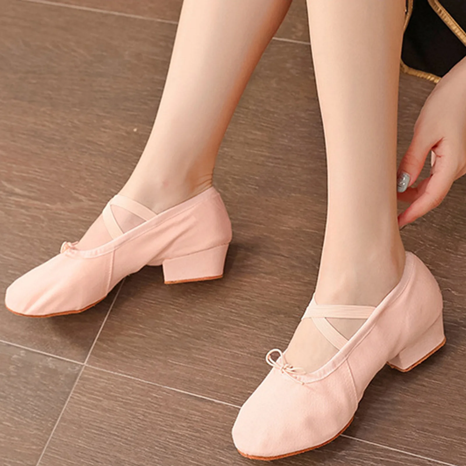 Adult Canvas Ballet Shoes with Low Chunky Heel Ballet Slipper Soft Dance Shoes for Lyrical Modern Jazz Dance