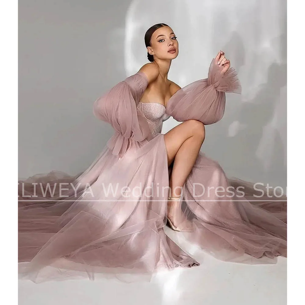 Altrosa schulterfreies Abendkleid mit Puffärmeln, Tüll, A-Linie, hoher Schlitz, formelles Partykleid, anpassbares Luxus-Abschlussballkleid