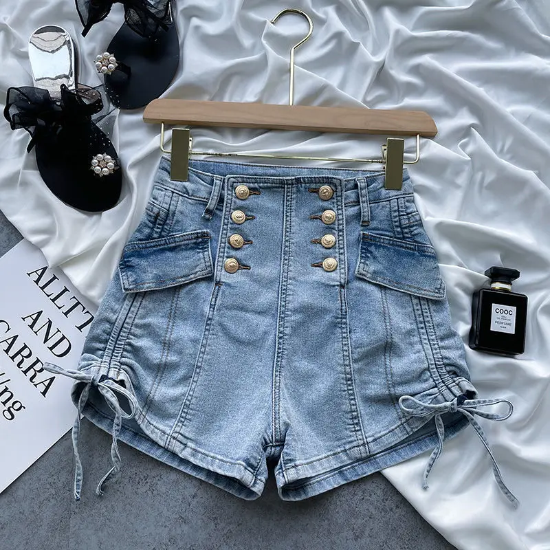 Celana pendek Denim, celana pendek Denim Breasted, tali serut lipit gaya baru musim panas, pinggang tinggi, modis, serbaguna, celana pelangsing A-Line