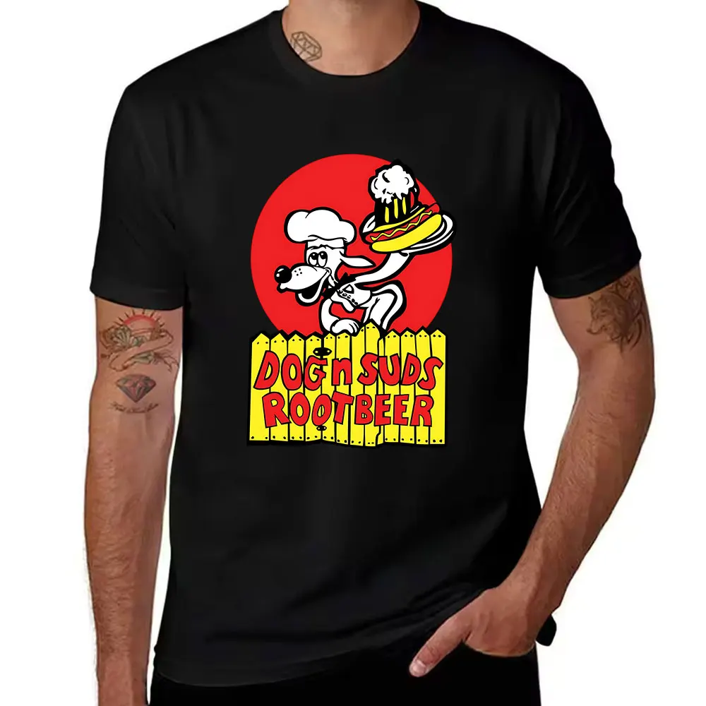 Men's Cotton T-Shirt with Cartoon Chef Dog Graphic, Hot Dog & Root Beer Print Casual Tee