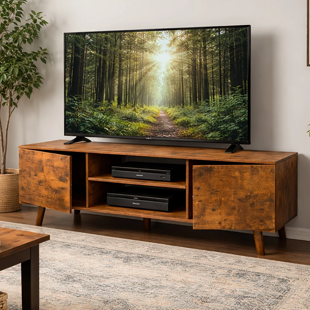 Contemporary Rustic Television Stand Suitable for 55-65 Inch Tvs, Wooden Media Console Featuring Storage Cabinets And Open