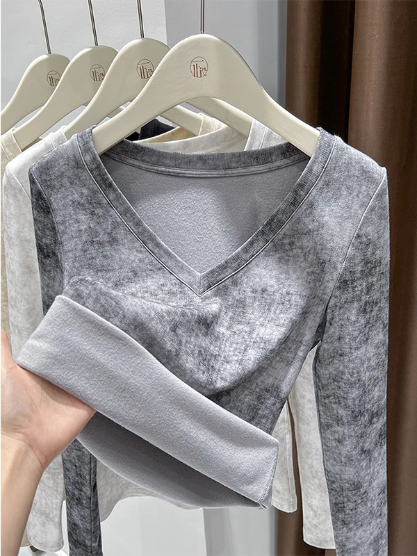 Damska długa bluzka z dekoltem w serek, imitacja futra, barwiona, bazowa bluzka, jesienno-zimowa odzież wewnętrzna i zewnętrzna, ciepła, dopasowana, w stylu koreańskim.