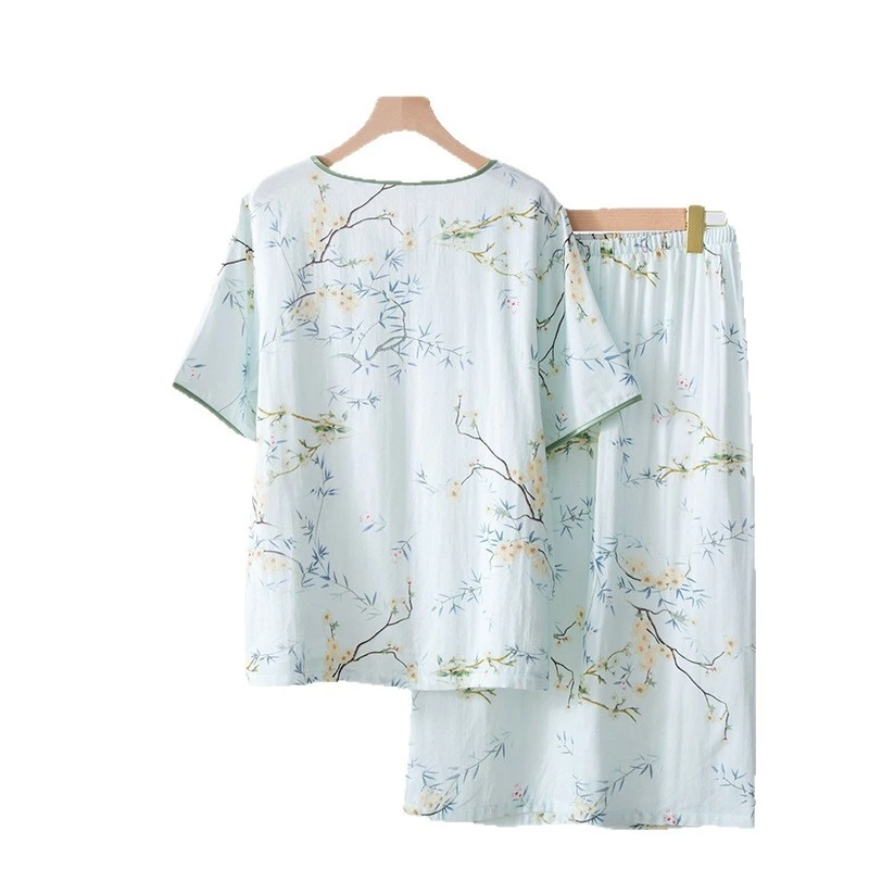Bamboo Fiber Pajama Set for Women, 2-Piece New Chinese Style Sleepwear, Short Sleeve & Cropped Pants, Breathable & Soft, Summer