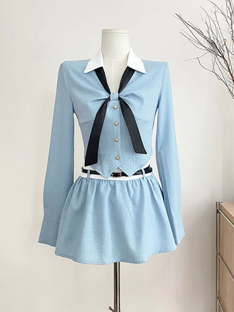 Formal Occasion Outfits 2 Piece Skirt Set V-Neck Blue Shirts Luxury + Wrap Hip Elastic Waist Skirts Korean Fashion Preppy Style