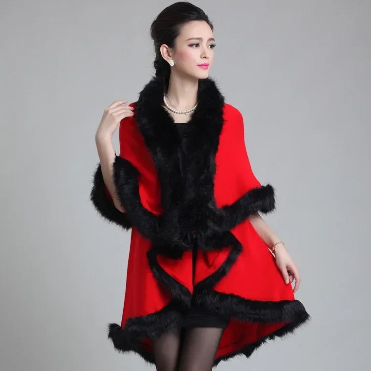 Women's Faux Fox Fur Trim Poncho Shawl Luxurious Double-Layered Cape for Cozy Winter Fashion Multiple Color Options