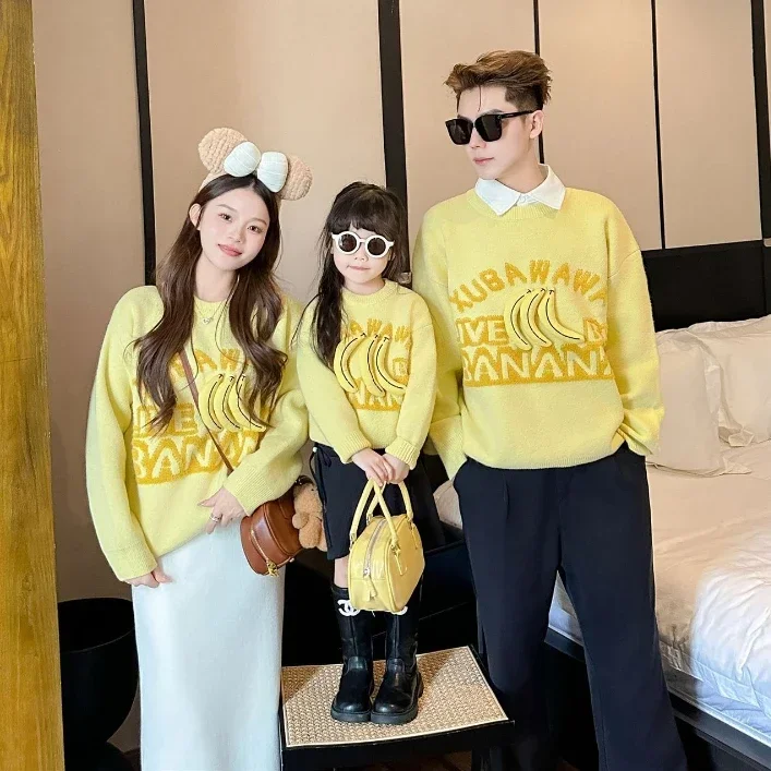 

Yellow Family Matching Knit Sweater Banana Mom Dad Daughter Son Knitted Jumper Funny Parent-child Knitwear Baby Infant Romper