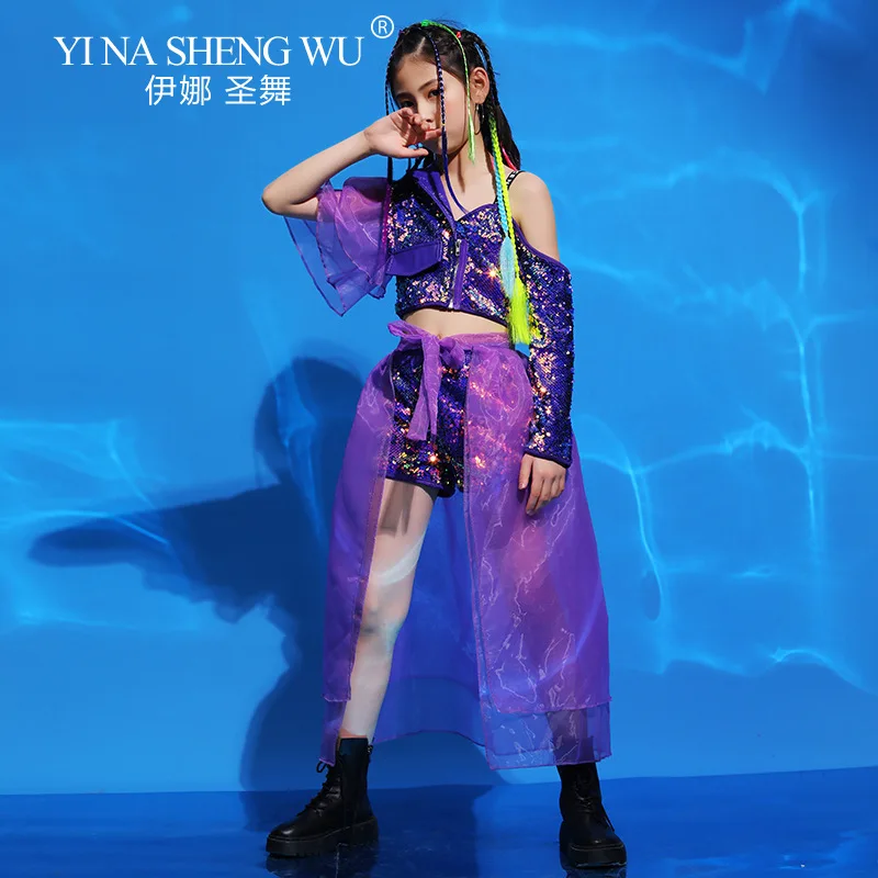 أزياء الفتيات المشي تظهر ملابس الأطفال الجاز الرقص أداء دعوى الهيب هوب الرقص الحديث الزي الأرجواني الترتر بلوزات وسراويل