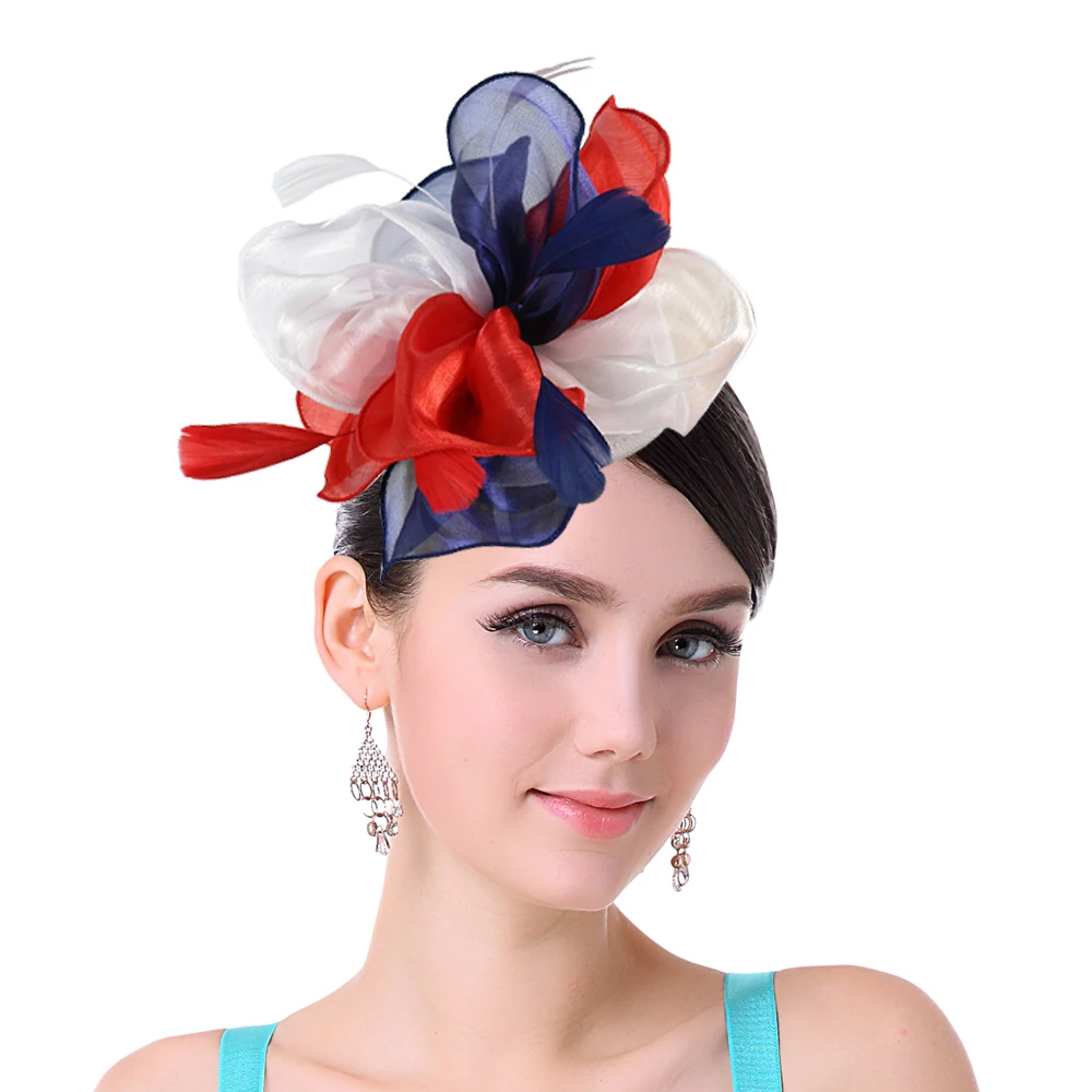 Women Organza Flower Vintage Feather Fascinators Hat Top Flower Headwear for Kentucky Derby Party Wedding Women Ladies