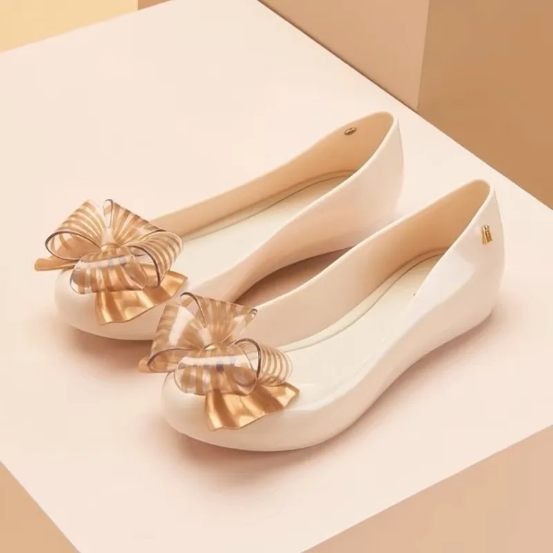 Mini Melissa New Spring Jelly Shoes Women Fashion Square Head Flat Bow bun Ladies Single Shoe Classical Cover Feet Grandma Shoes