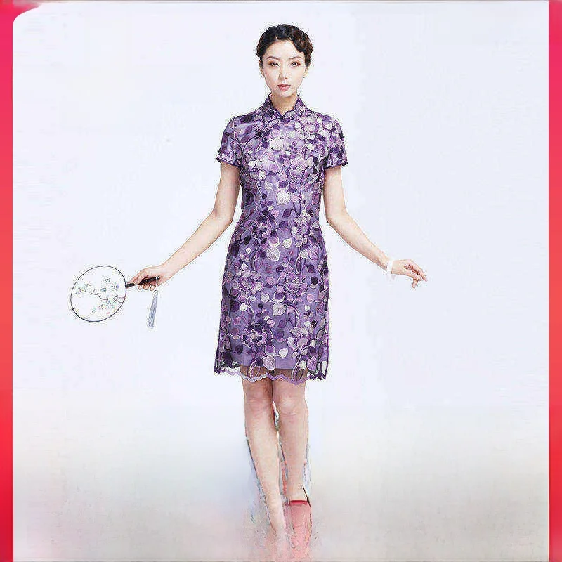 

Elegant Mid-Length Dress by Tao Yumei Short Sleeve Women's Style Improved Version Spring 2020 Fashion Nylon Fabric