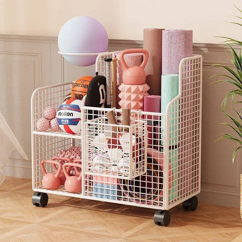 modern-minimalist-home-yoga-mat-storage-basket-fitness-equipment-rack-wheelled-small-cart-organizer-narrow-shelf