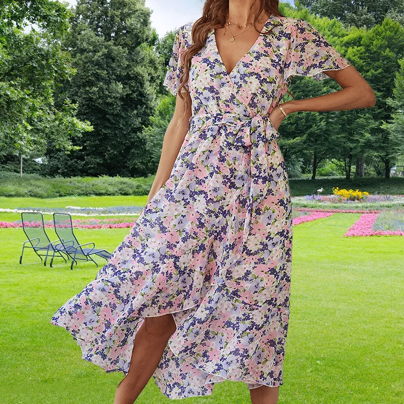 

Irregular Fashion Print Temperament V-neck Dress Casual Loose Lace-up Floral Long Dresses for Women Summer Holiday Beach Dress