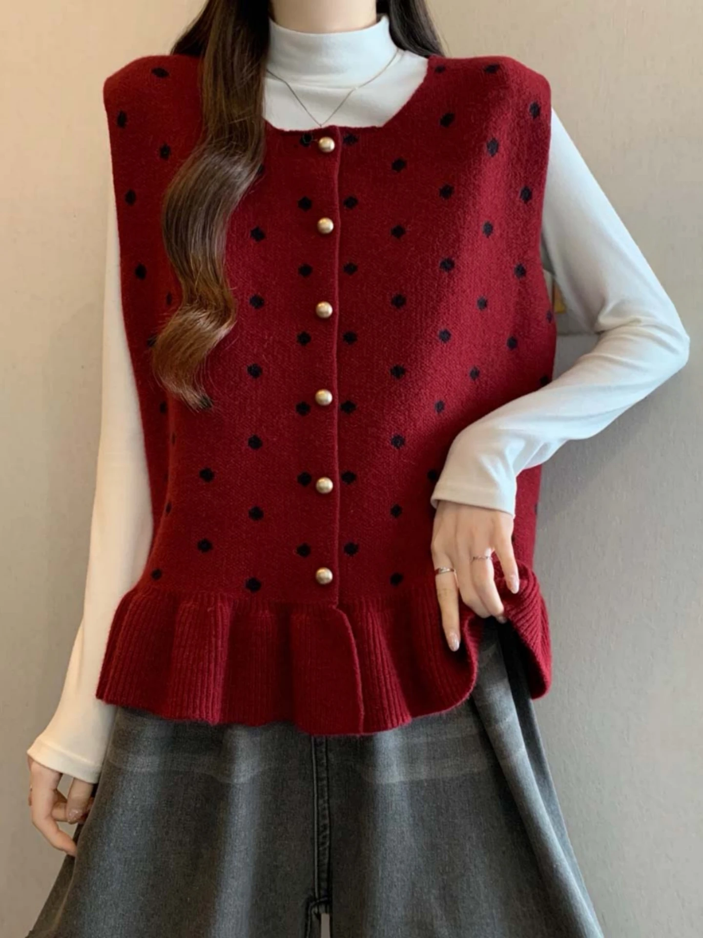 Red Polka Dot Knitted Open Cardigan Vest Women's Layering Spring Autumn plus Size Fluffy Sleeve Top Elegant Commute Style