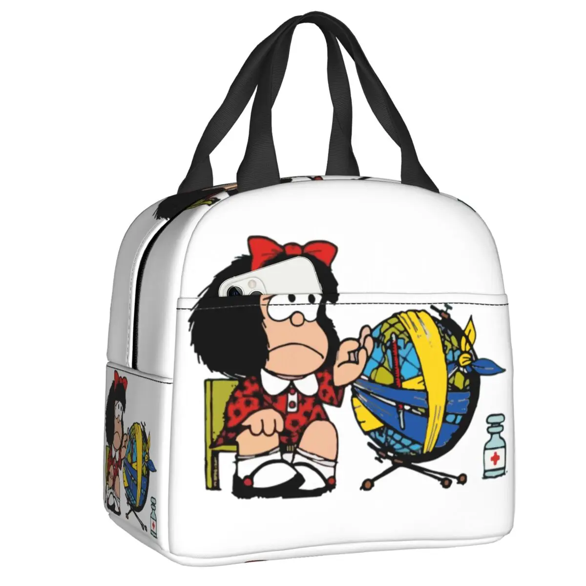 

Custom Mafalda Quino Feeling Sad About Earth And Ukraine Lunch Bag Men Women Thermal Cooler Insulated Lunch Boxes