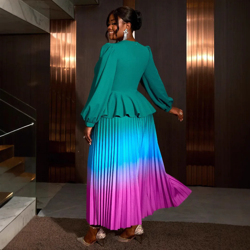 African clothing new fashion gradient lantern sleeve dress cross-border party style colorful pleated skirt